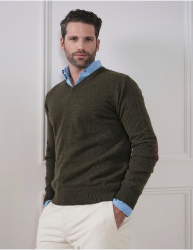 100% CASHMERE V-NECK WITH SUEDE ELBOW PATCH destockage